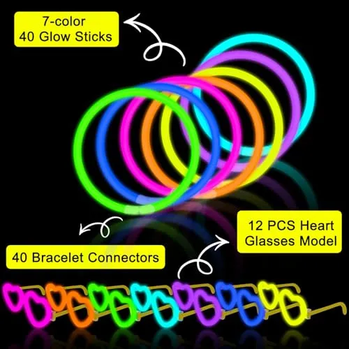 12 Pack Glow Glasses Party Favor Supplies with 40 Glow Sticks & Connectors(for 12 Glow Heart Glasses & 16 Bracelets),Halloween Neon Light Up Toy Gift Accessories for Birthday Camping Dance (kid&Adult)