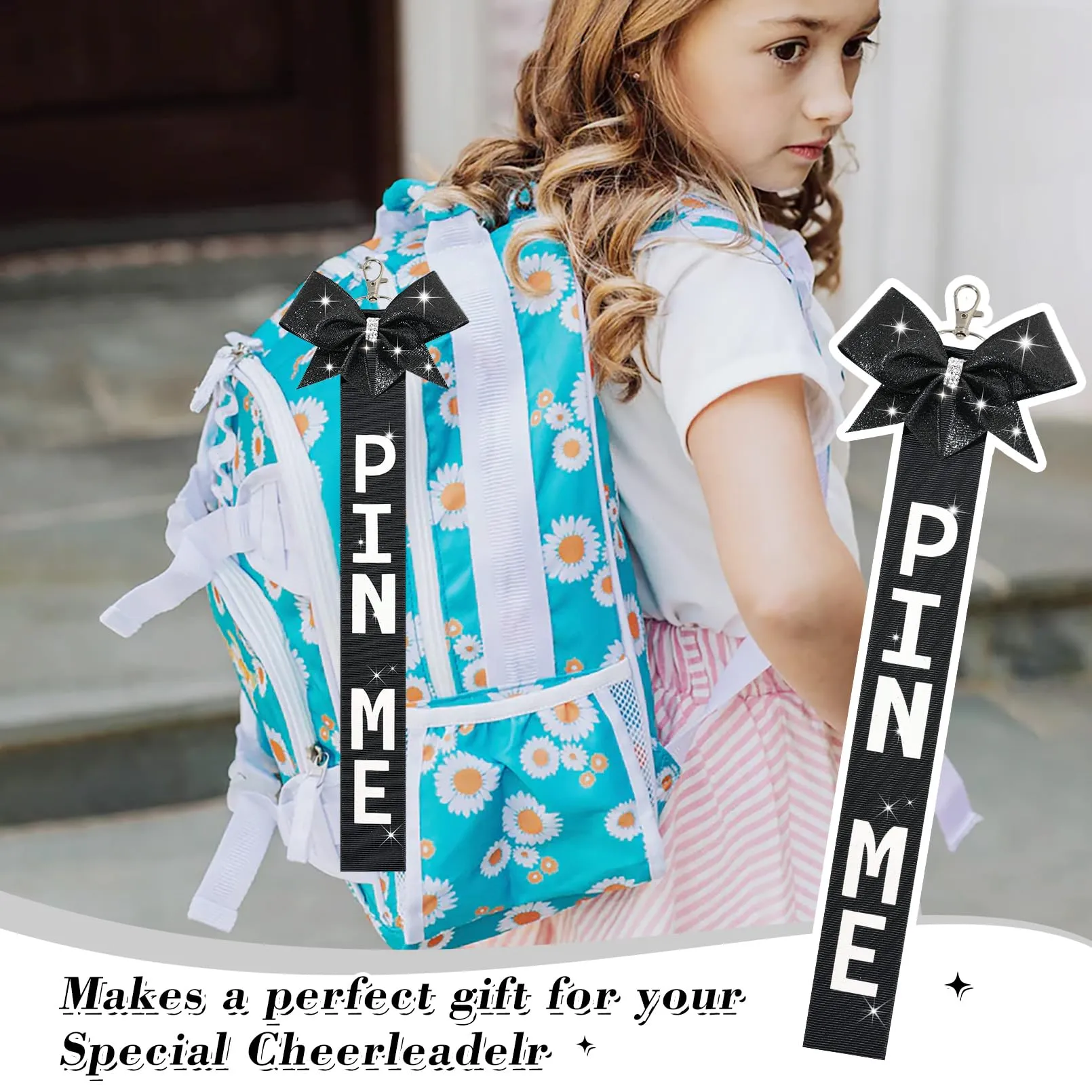 6 PCS Cheer Pin Me Ribbon Cheer Bag Bow Keychain with Rhinestones Bow Pin Me Cheer Competition for Teen Girls Cheerleading Sports Accessory(Black)