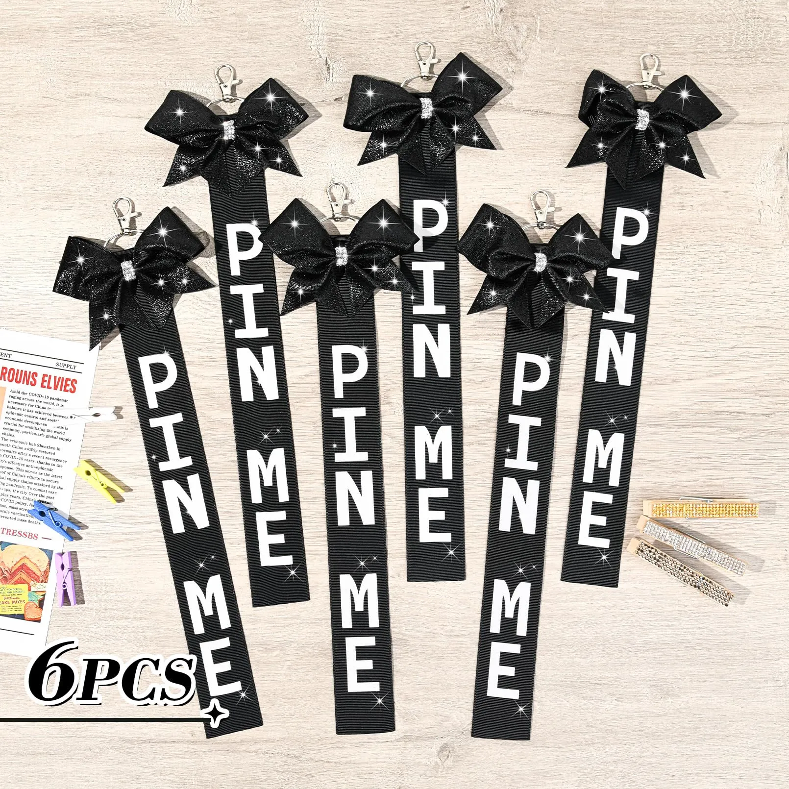 6 PCS Cheer Pin Me Ribbon Cheer Bag Bow Keychain with Rhinestones Bow Pin Me Cheer Competition for Teen Girls Cheerleading Sports Accessory(Black)