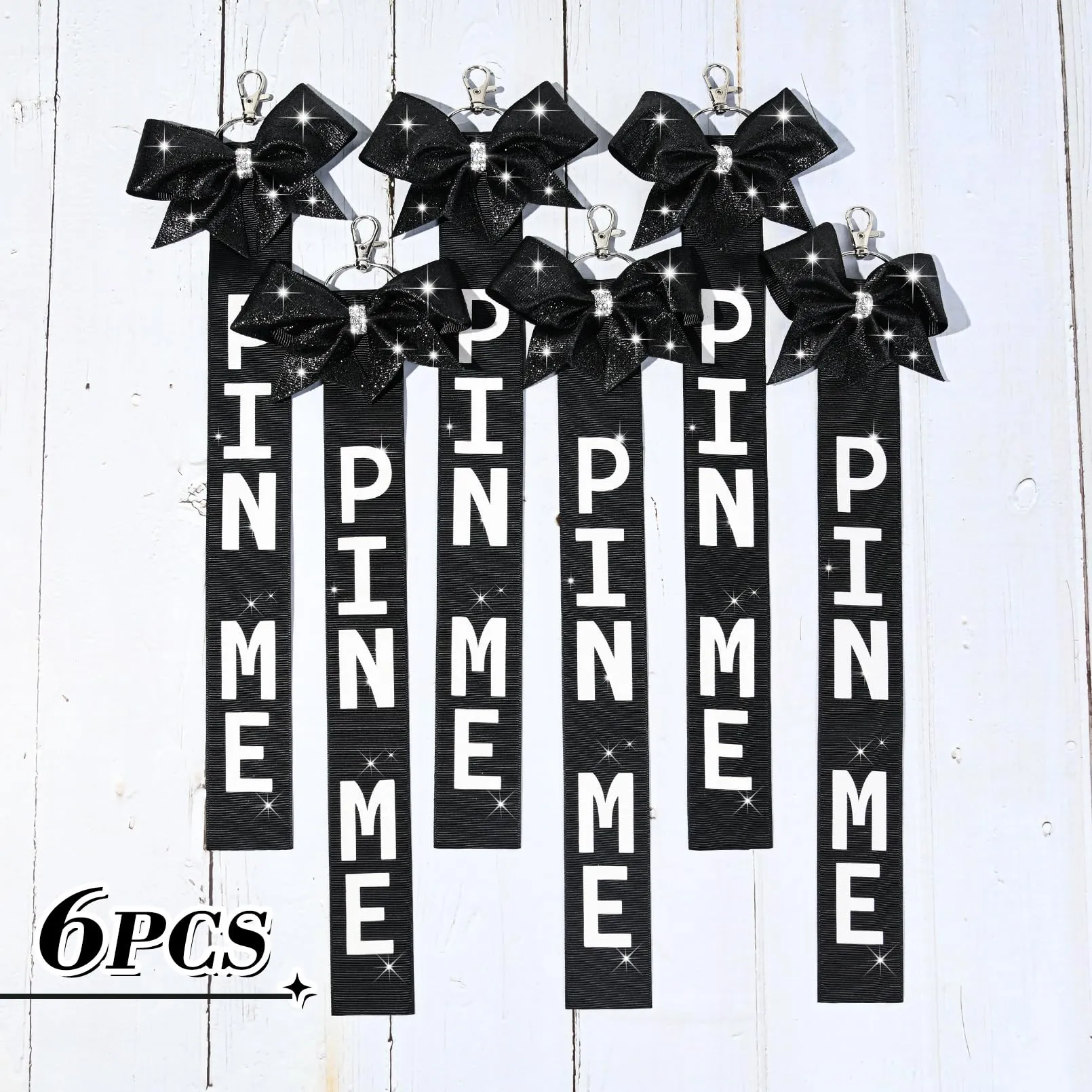 6 PCS Cheer Pin Me Ribbon Cheer Bag Bow Keychain with Rhinestones Bow Pin Me Cheer Competition for Teen Girls Cheerleading Sports Accessory(Black)