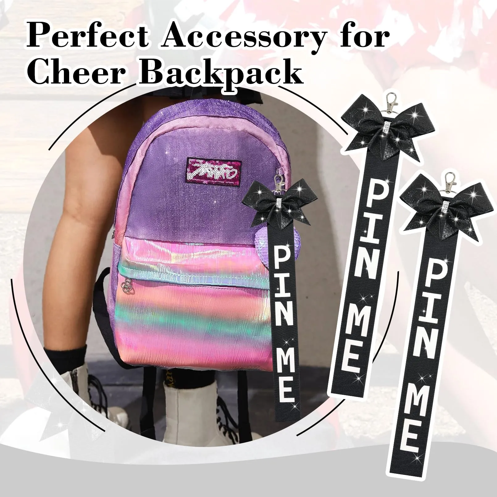 6 PCS Cheer Pin Me Ribbon Cheer Bag Bow Keychain with Rhinestones Bow Pin Me Cheer Competition for Teen Girls Cheerleading Sports Accessory(Black)
