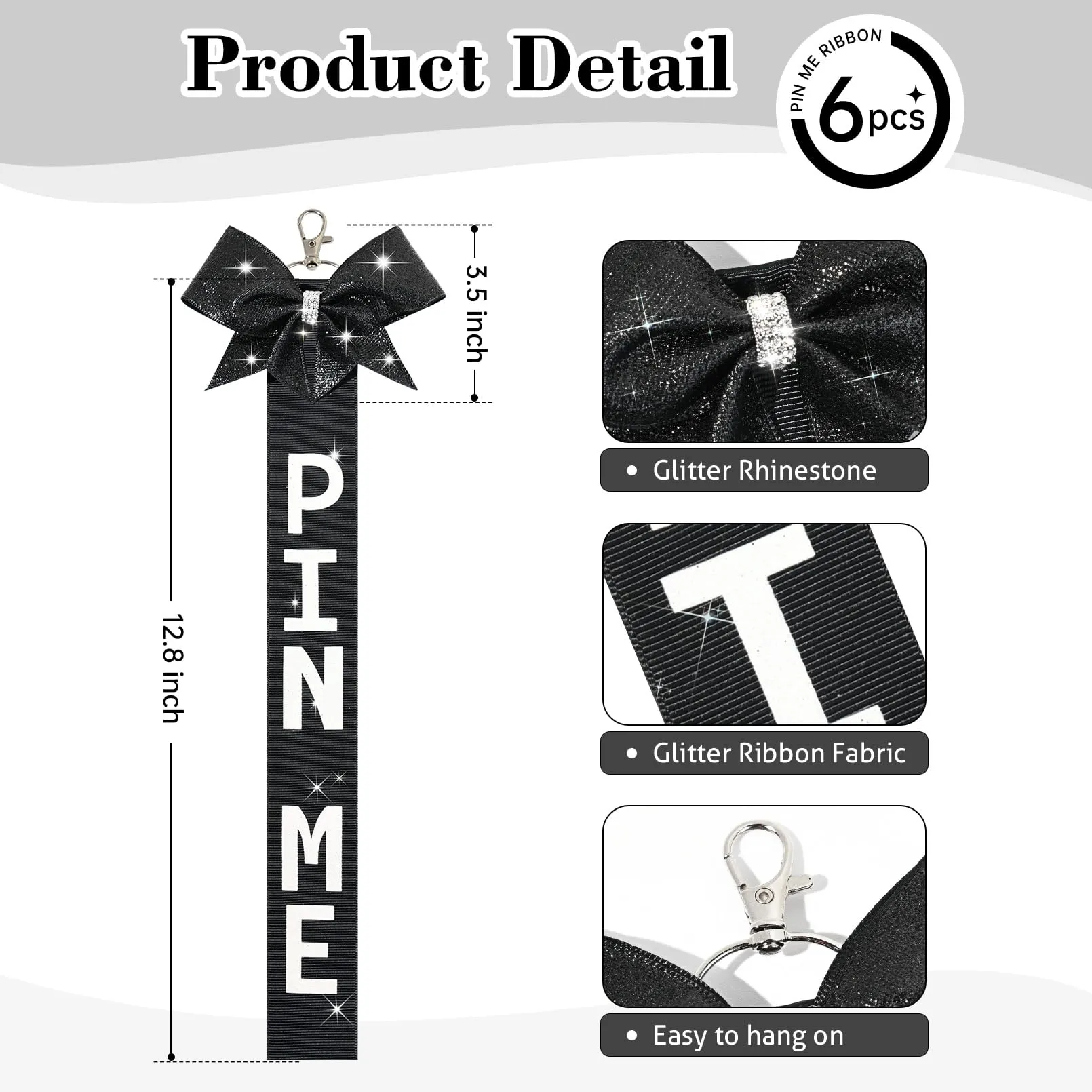 6 PCS Cheer Pin Me Ribbon Cheer Bag Bow Keychain with Rhinestones Bow Pin Me Cheer Competition for Teen Girls Cheerleading Sports Accessory(Black)
