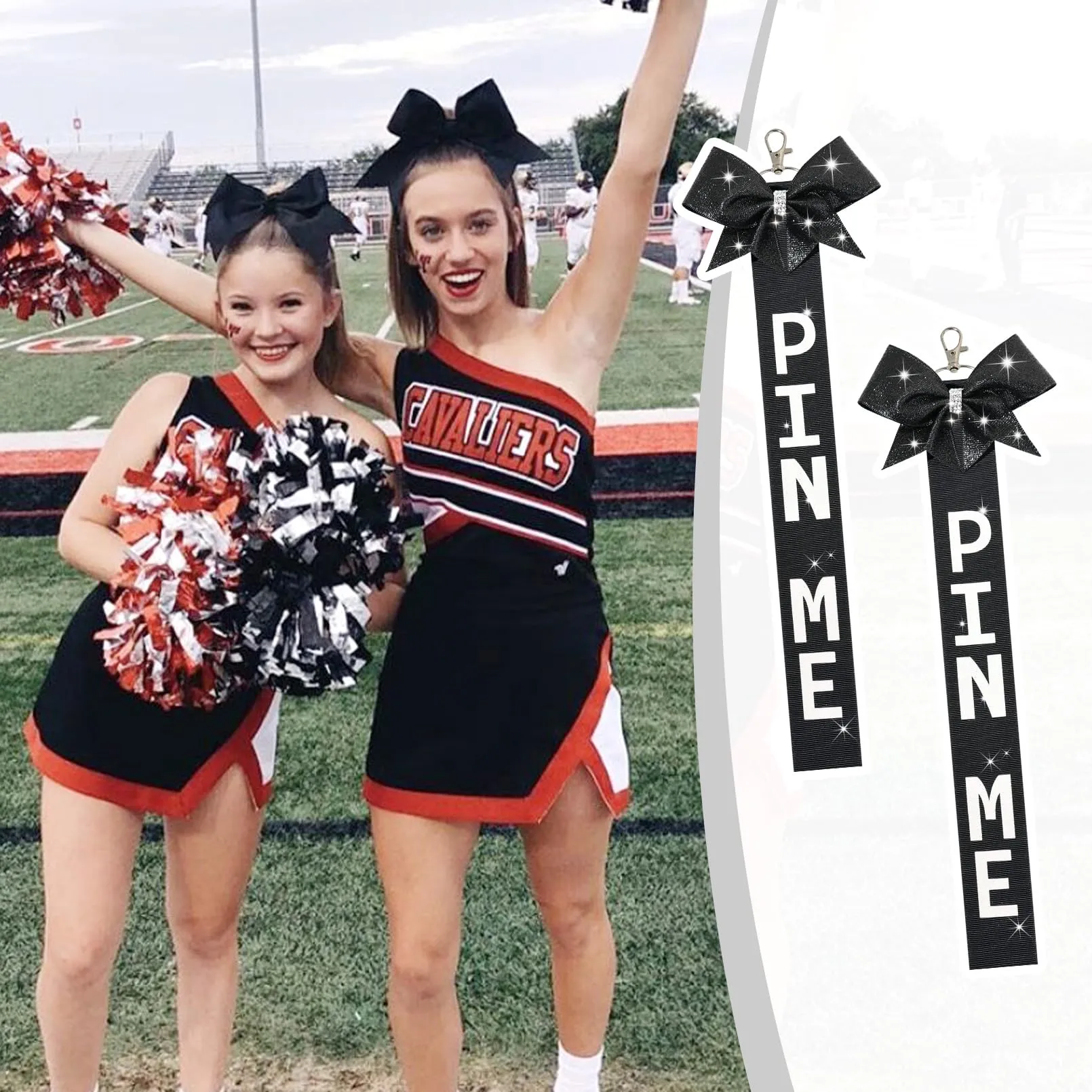 6 PCS Cheer Pin Me Ribbon Cheer Bag Bow Keychain with Rhinestones Bow Pin Me Cheer Competition for Teen Girls Cheerleading Sports Accessory(Black)