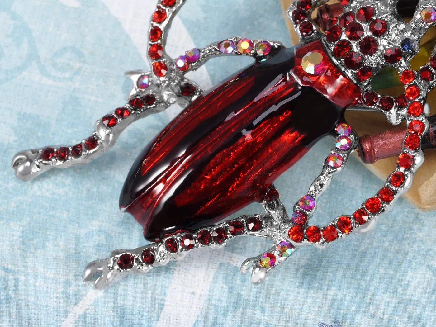 Alilang Handpainted Enamel Peridot Green Color Crystal Rhinestone Beetle Insect Bug Lapel Pin Brooch Red