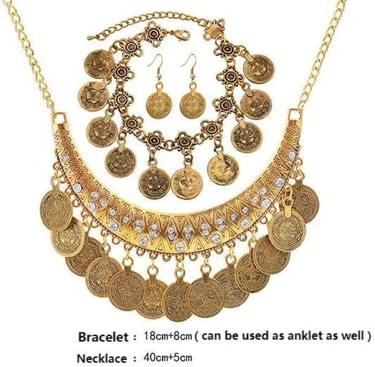 Bohemian Coin Necklace Bracelet Earrings Set Gold Silver Coin Pendant Gypsy Costume Jewelry for Women