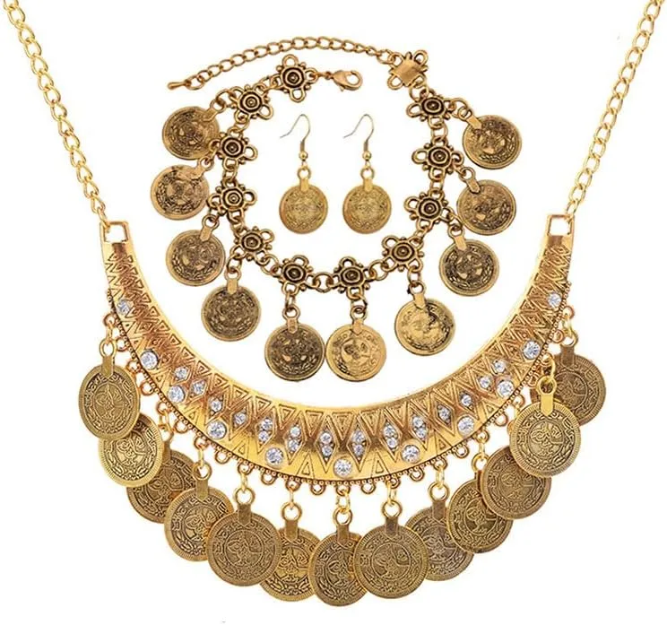 Bohemian Coin Necklace Bracelet Earrings Set Gold Silver Coin Pendant Gypsy Costume Jewelry for Women