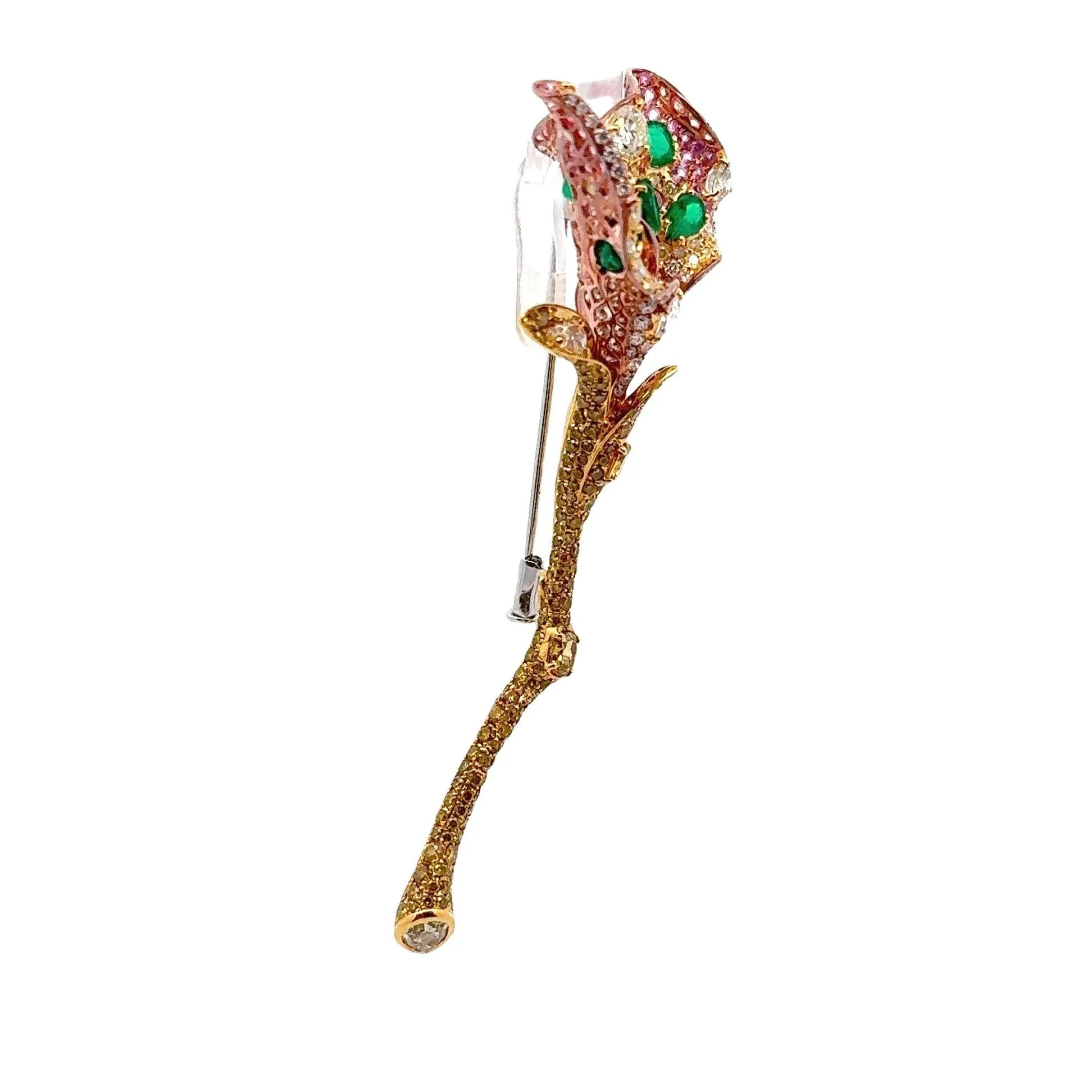 Diamond Emerald Sapphire 18K Yellow Gold Flower Brooch