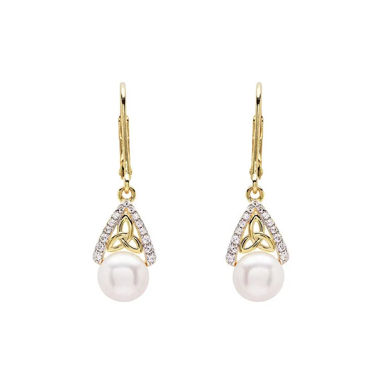 Gold Vermeil Drop Pearl Celtic Trinity Knot Earrings