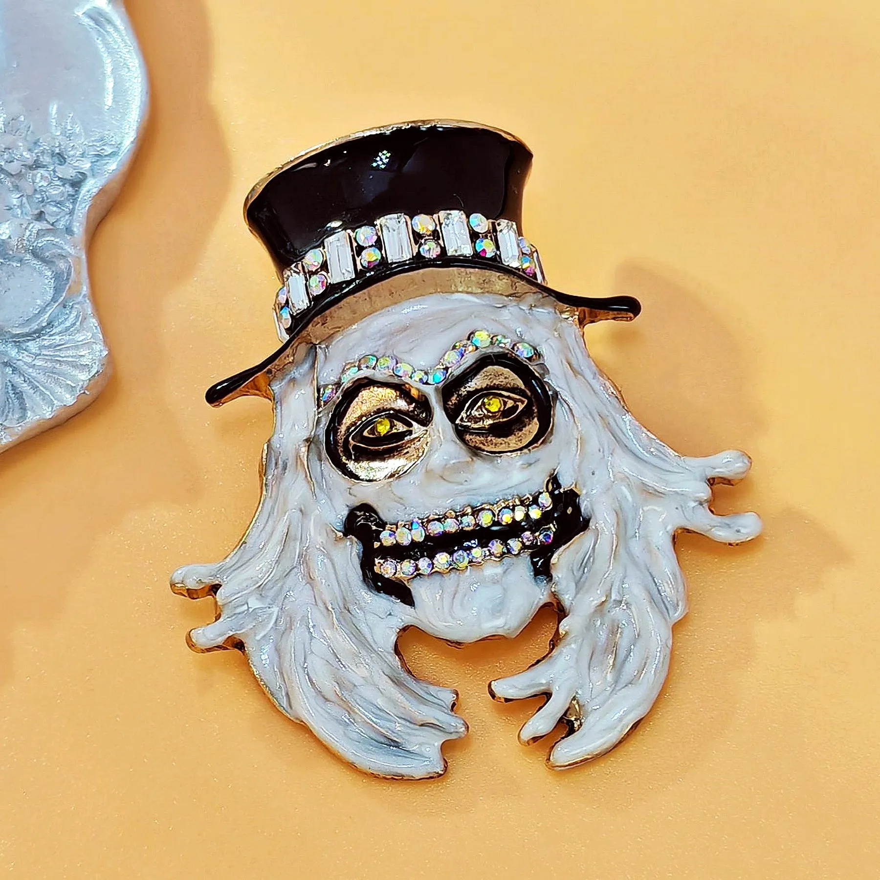 Gothic White Enamel Grim Grinning Ghost Brooch with Hat Scary Jewelry
