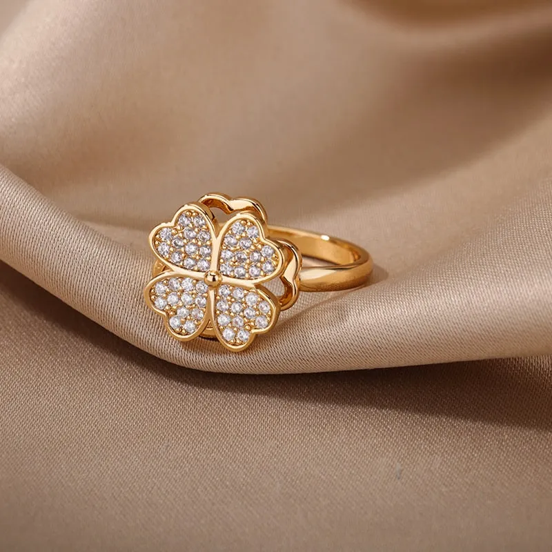Heart Four Leaf Clover Rings for Women Adjustable Lucky Stainless Steel Ring 2023 Trend Wedding Luxury Jewelry anillos mujer
