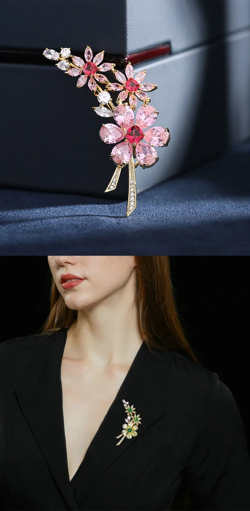 Luxury Copper Micro Inlaid Cubic Zirconia Color Flower Lady Brooch