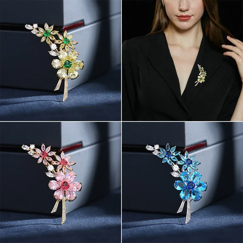 Luxury Copper Micro Inlaid Cubic Zirconia Color Flower Lady Brooch
