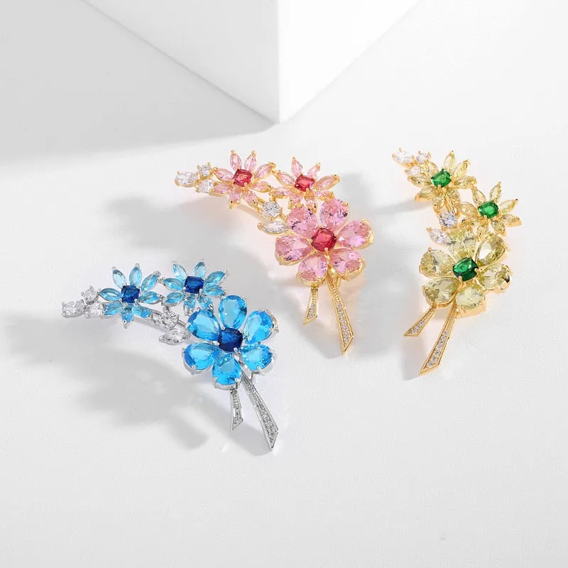 Luxury Copper Micro Inlaid Cubic Zirconia Color Flower Lady Brooch