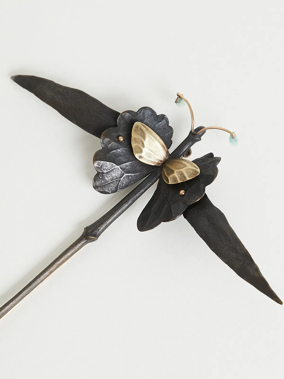 One Off Dragonfly Brooch in Bronze, 18k & 14k Yellow Gold with Tourmaline Drops