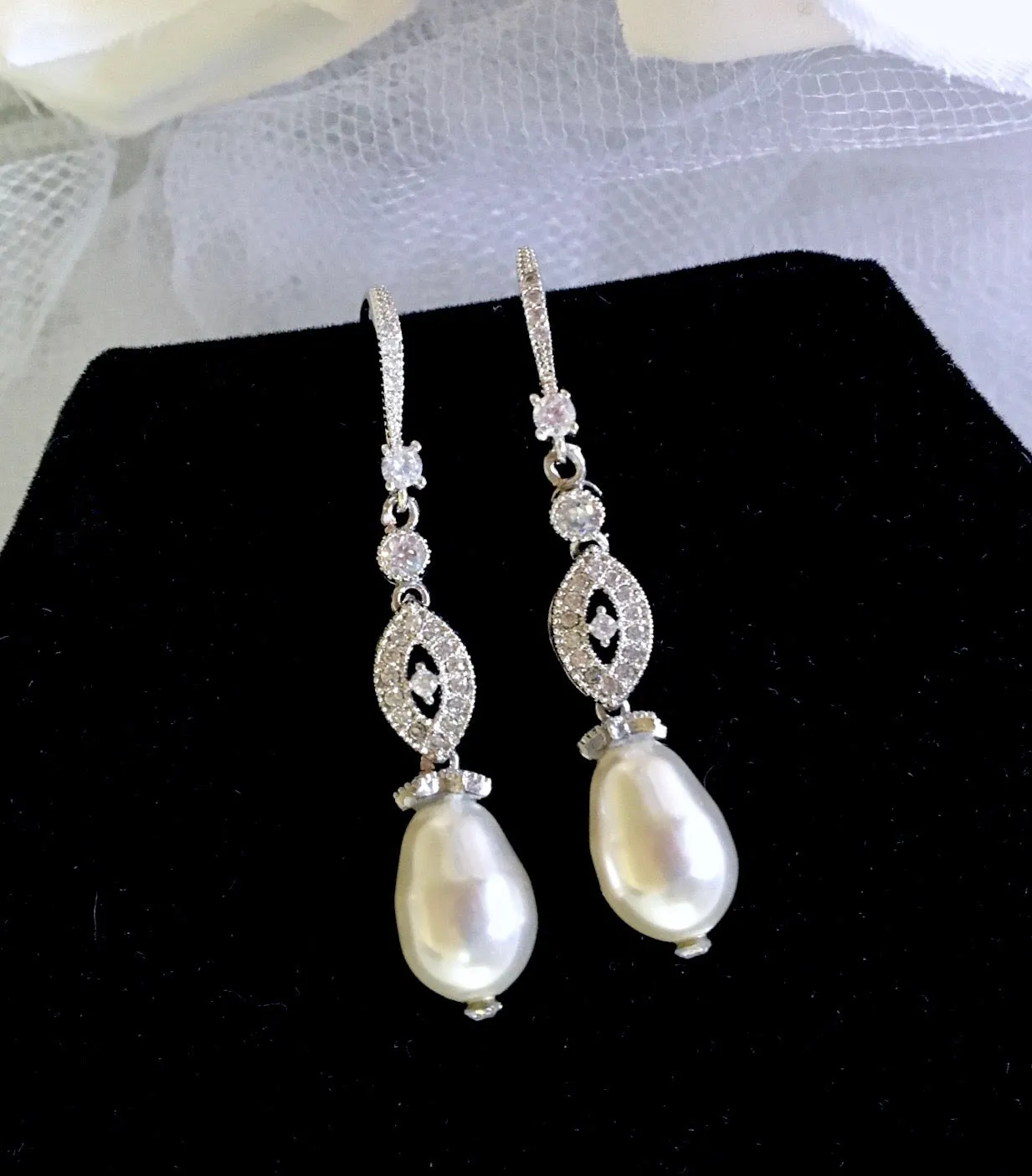 "Payton" - Swarovski Pearl and Cubic Zirconia Bridal Earrings