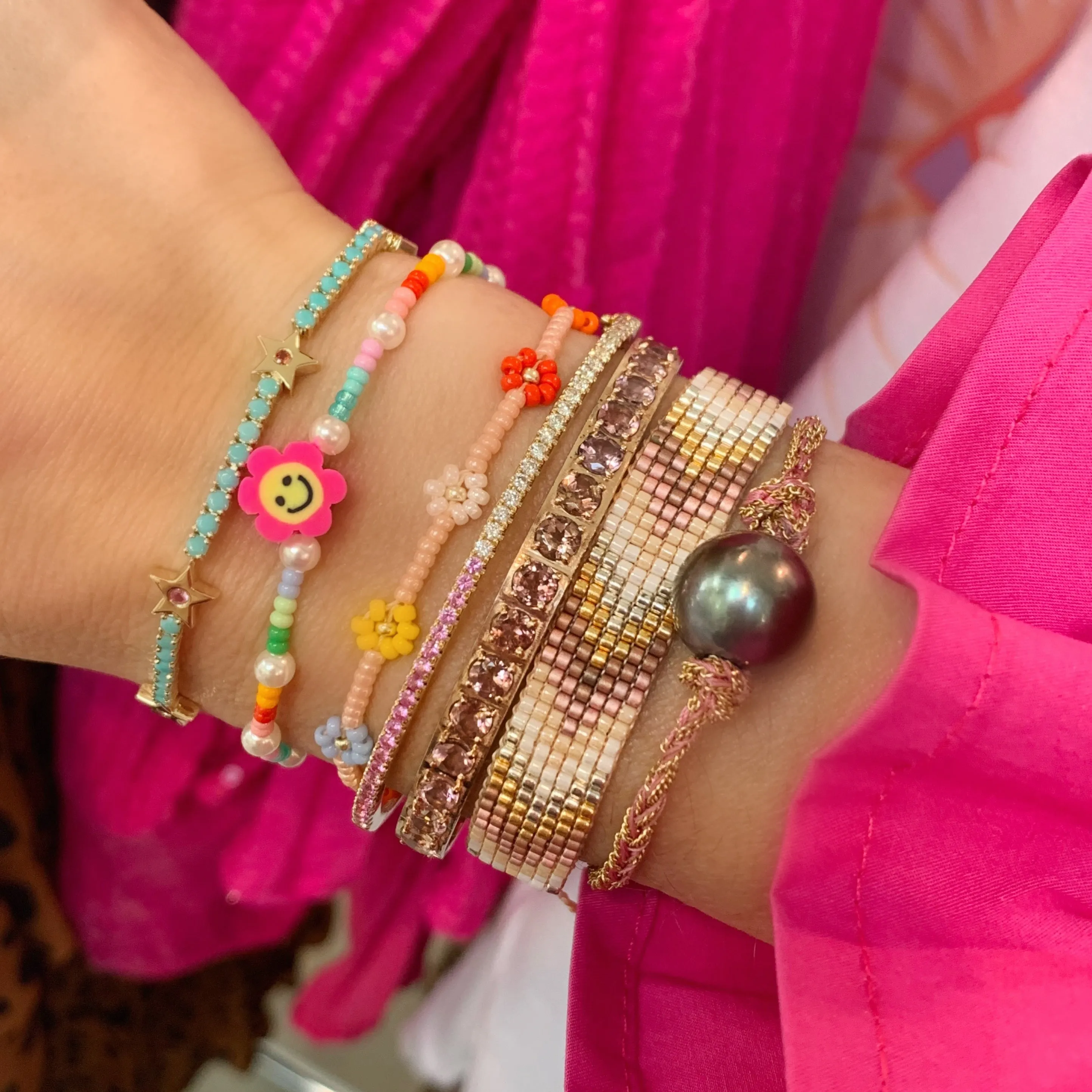 Throwback Multi Color Smiley Face Adjustable Beaded Bracelet